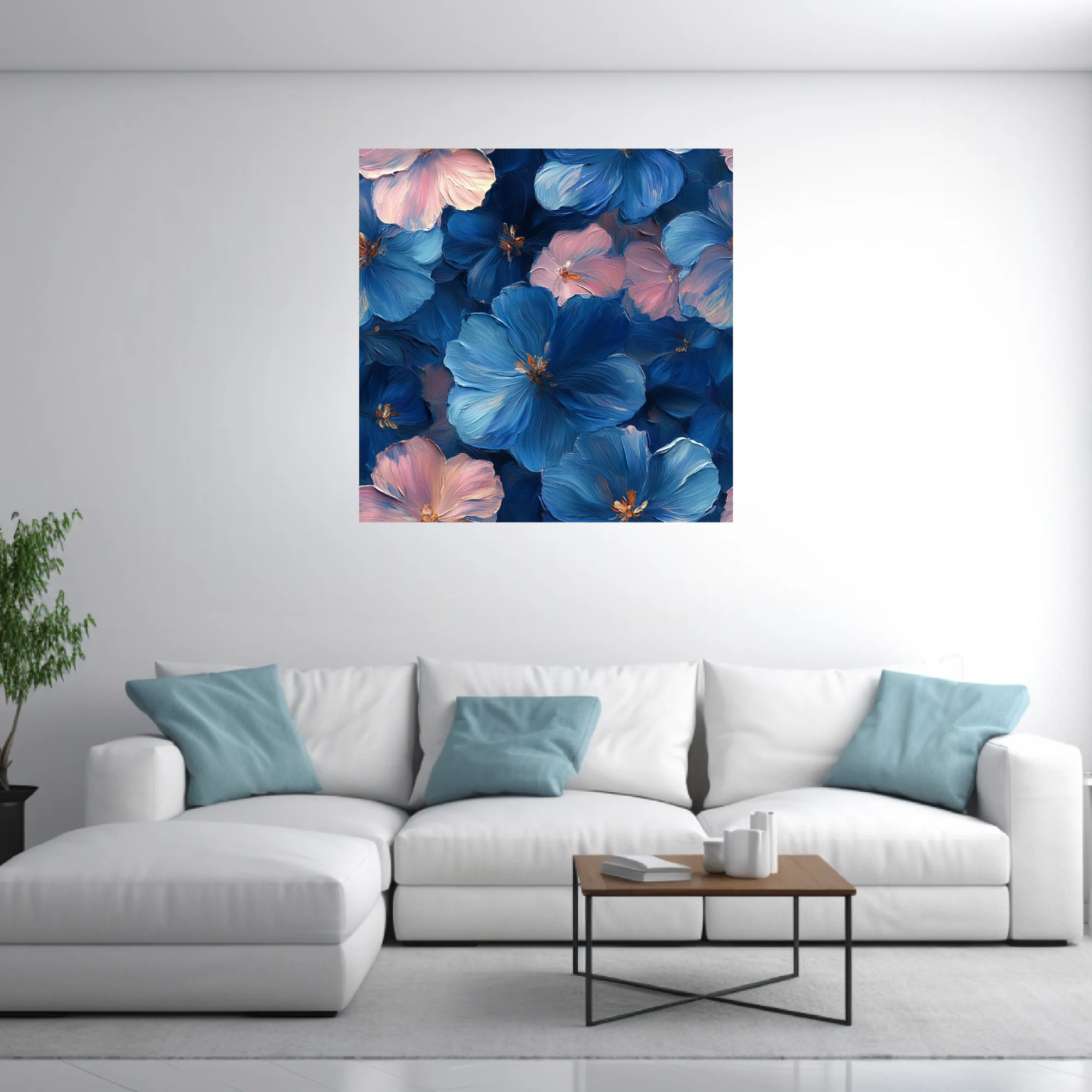 Floral art print in deep cobalt blue and blush pink