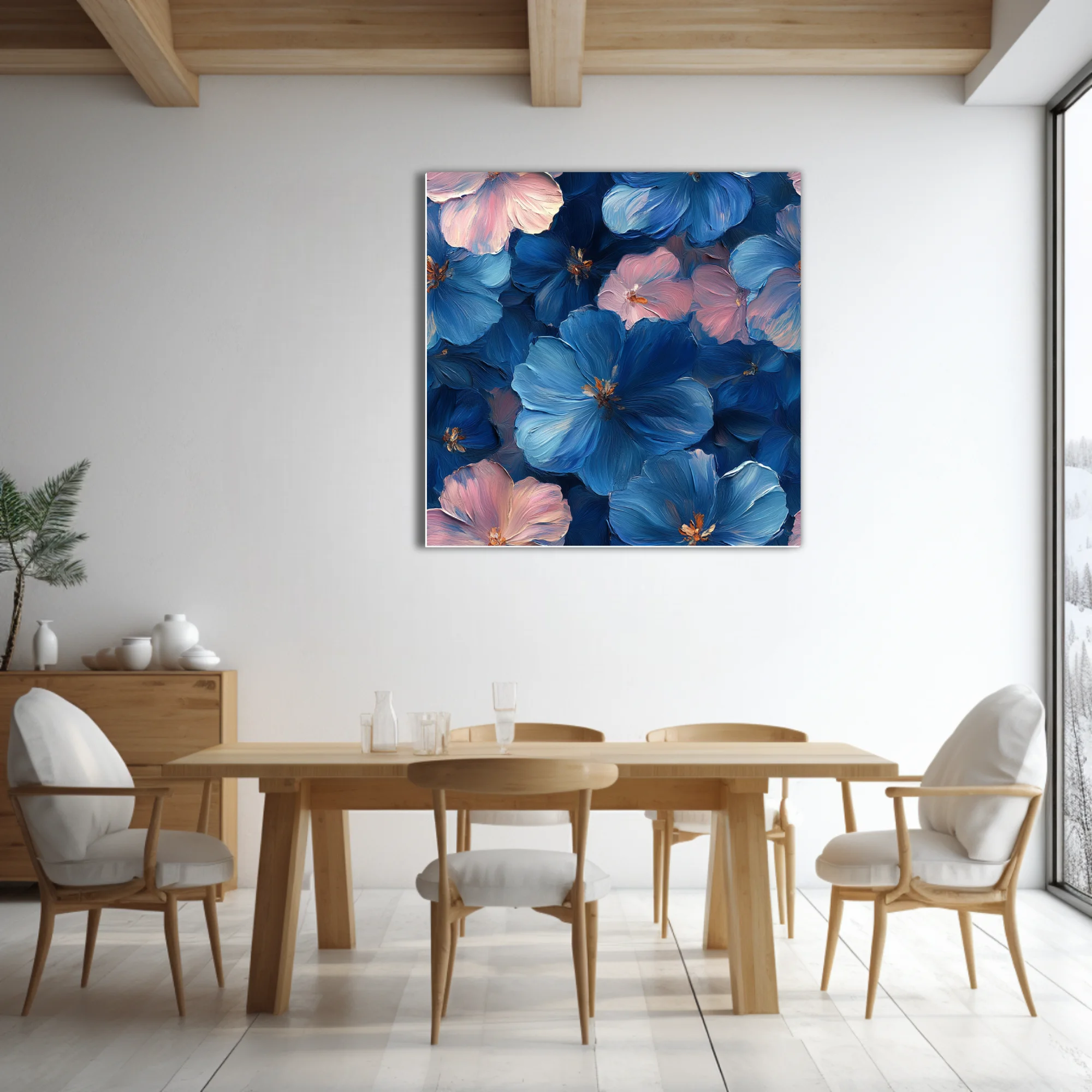 Floral art print in deep cobalt blue and blush pink