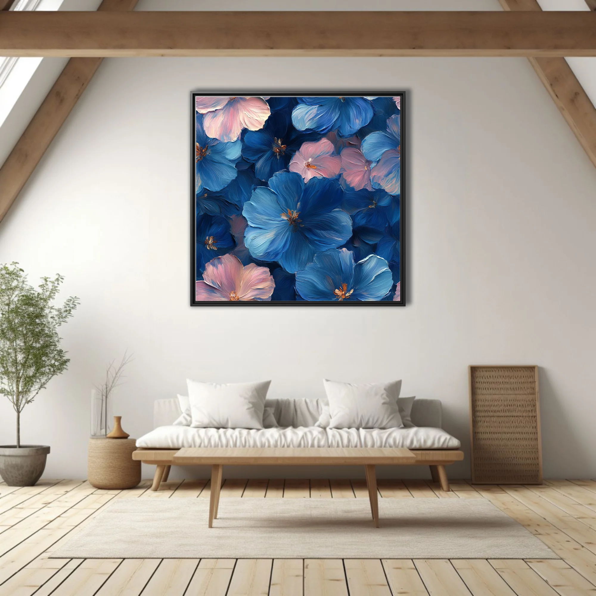 Floral art print in deep cobalt blue and blush pink