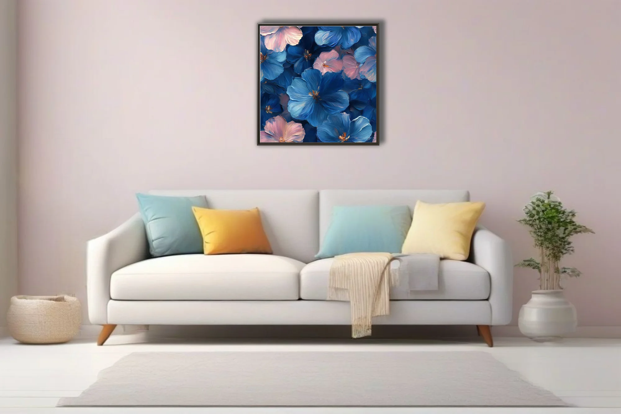 Floral art print in deep cobalt blue and blush pink