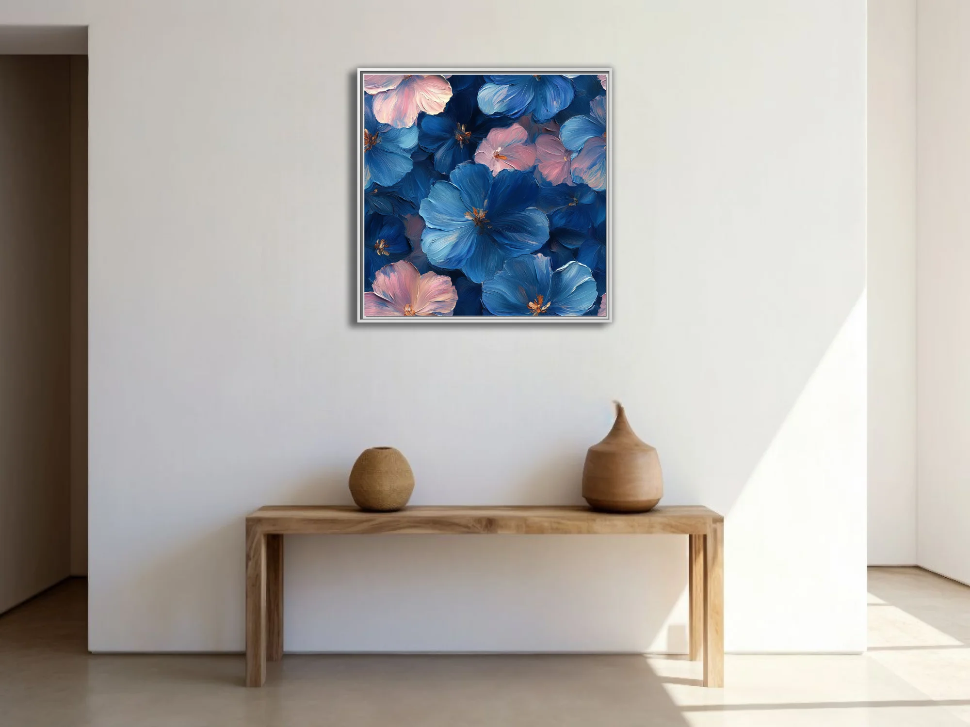 Floral art print in deep cobalt blue and blush pink