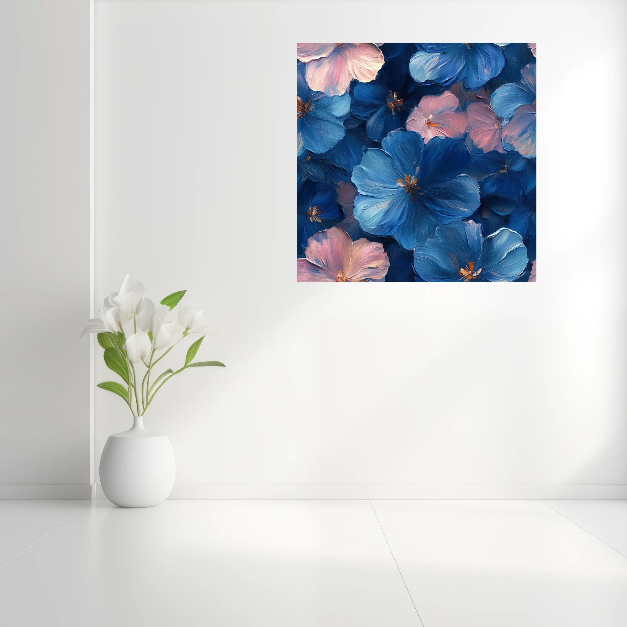 Floral art print in deep cobalt blue and blush pink