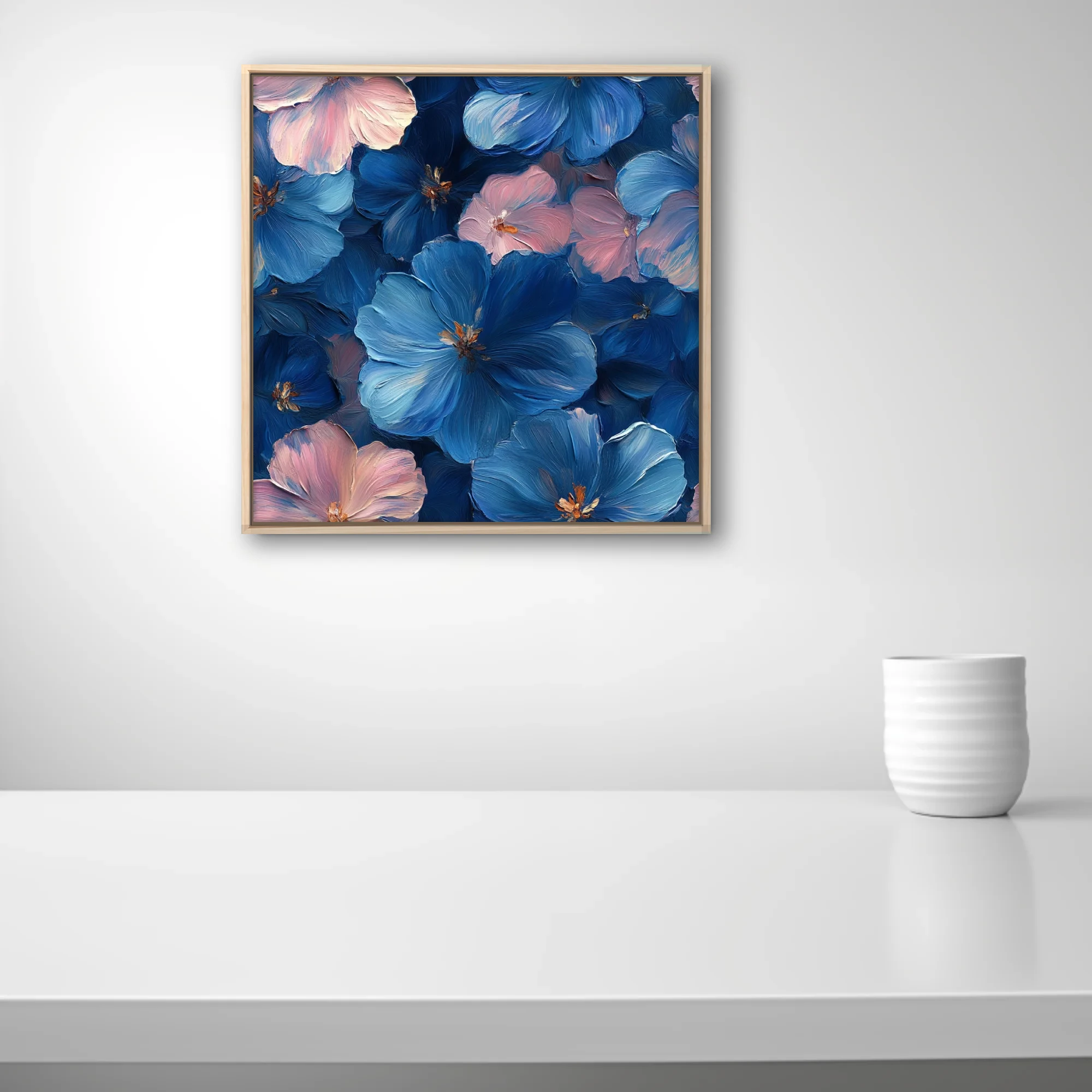 Floral art print in deep cobalt blue and blush pink