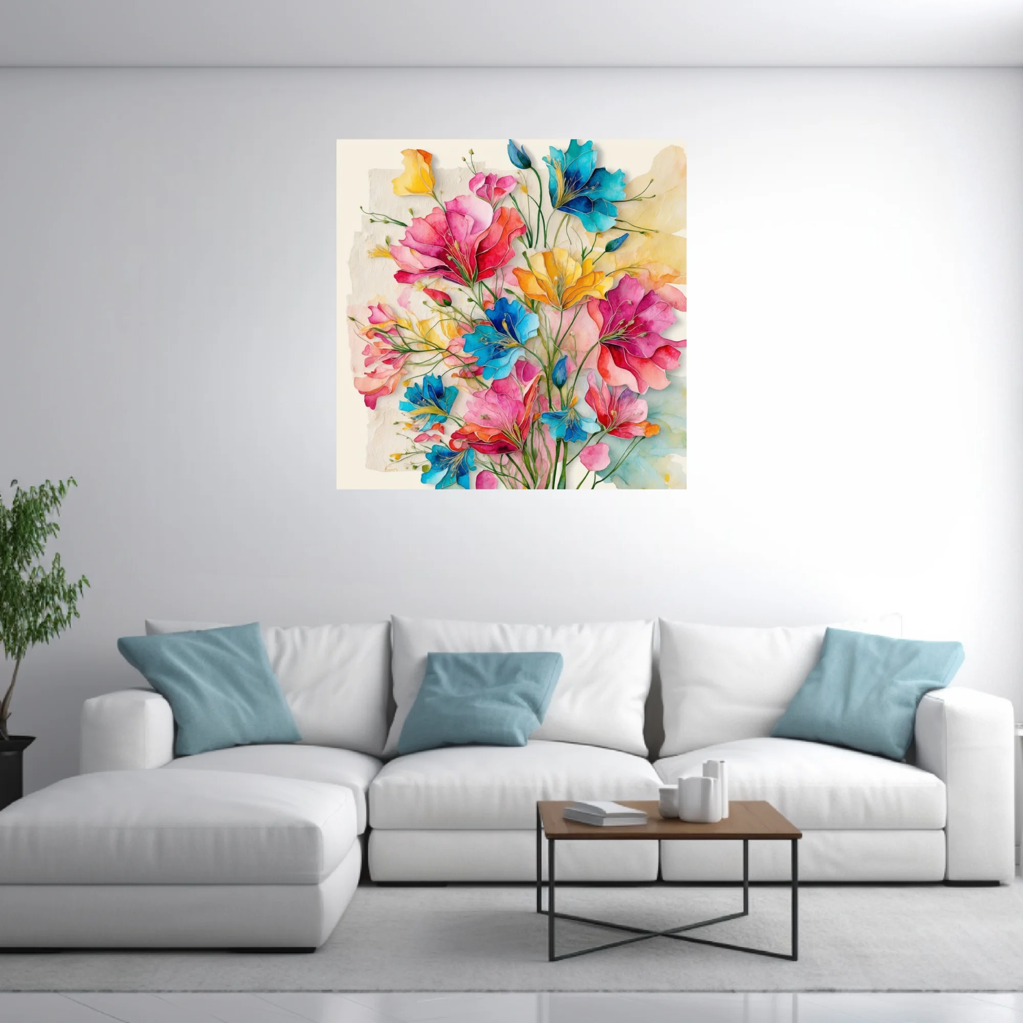 Vibrant watercolor-style abstract floral bouquet in pink, blue, and yellow tones