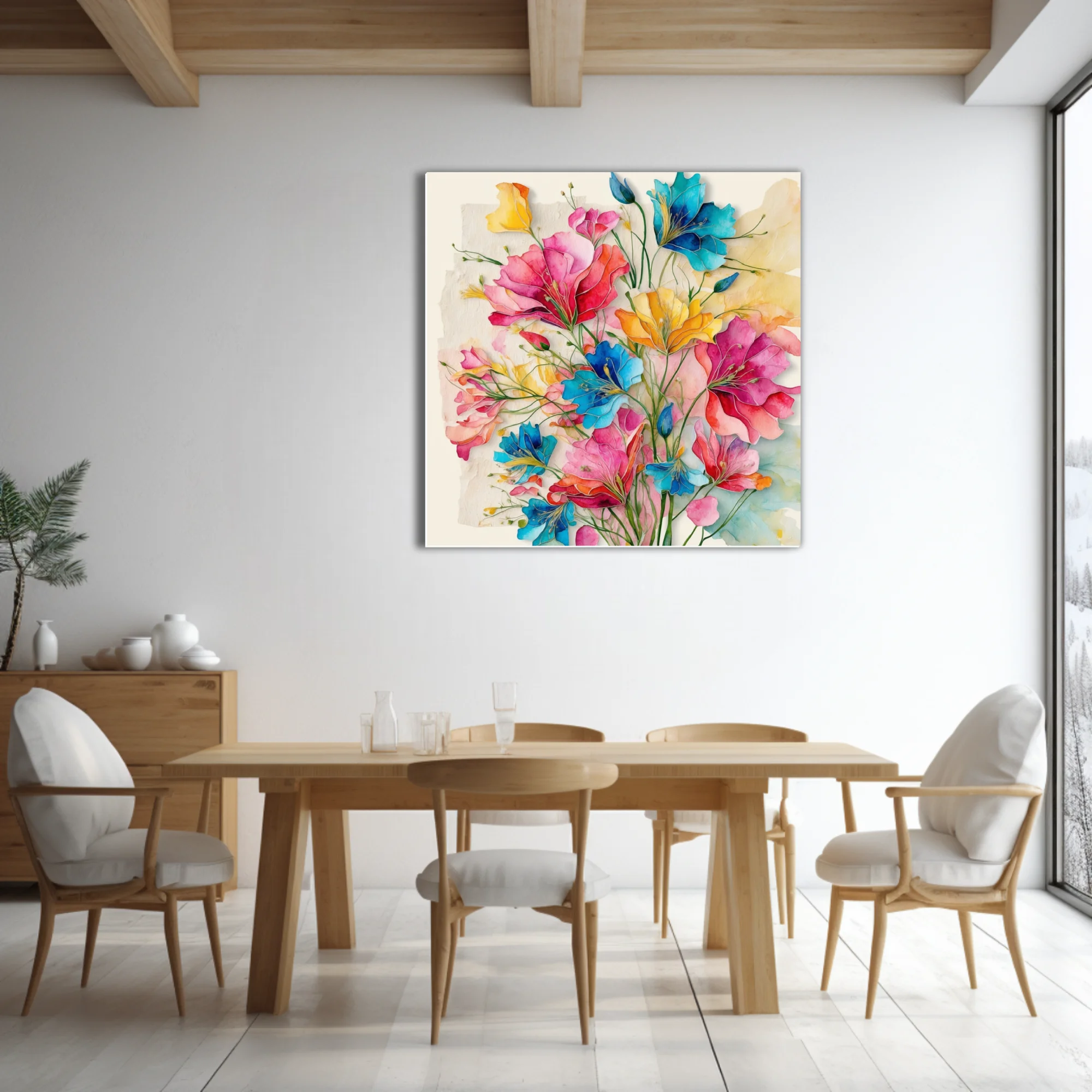 Vibrant watercolor-style abstract floral bouquet in pink, blue, and yellow tones