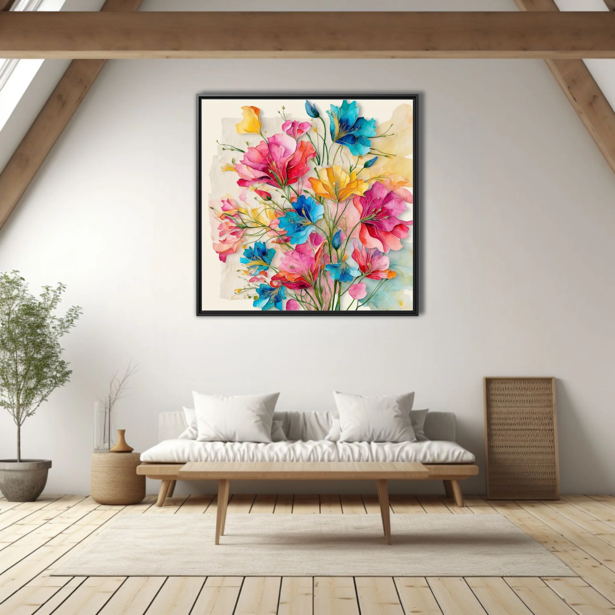 Vibrant watercolor-style abstract floral bouquet in pink, blue, and yellow tones