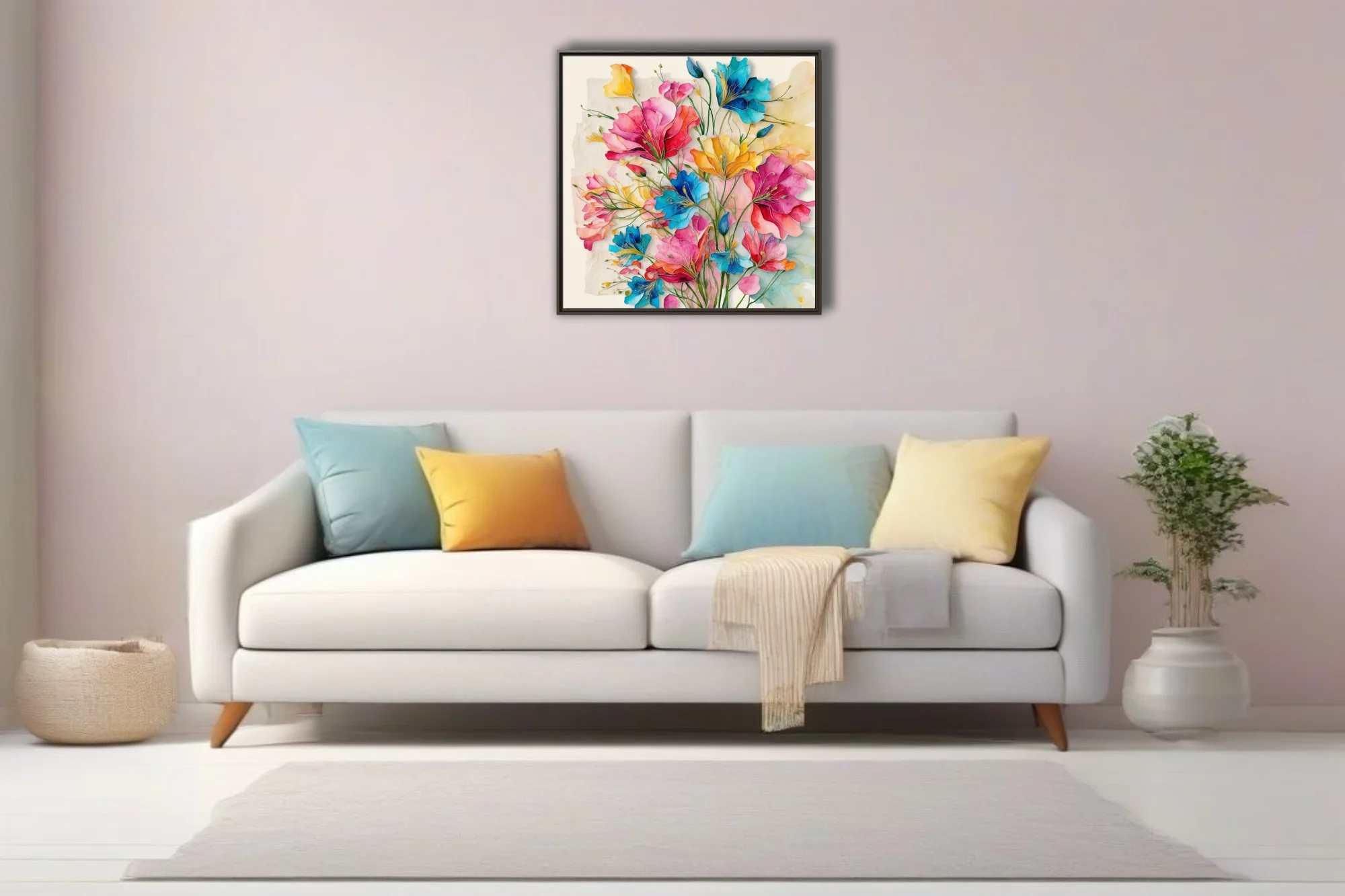 Vibrant watercolor-style abstract floral bouquet in pink, blue, and yellow tones