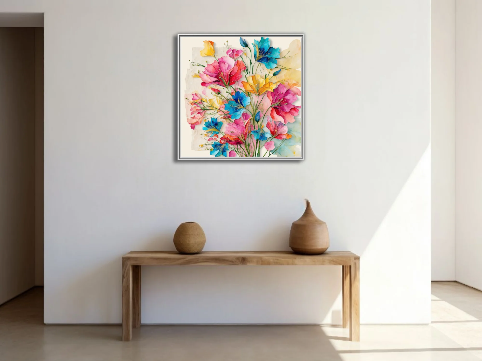 Vibrant watercolor-style abstract floral bouquet in pink, blue, and yellow tones