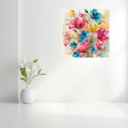 Vibrant watercolor-style abstract floral bouquet in pink, blue, and yellow tones