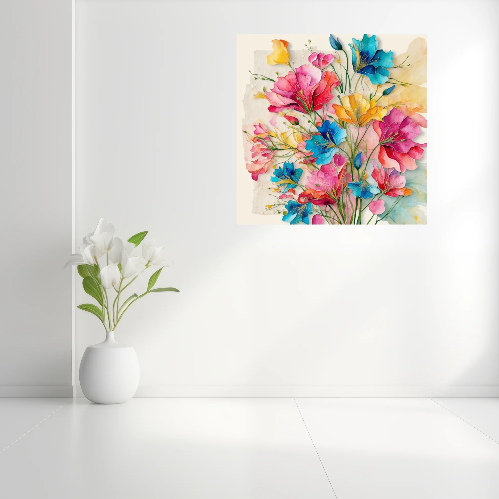 Vibrant watercolor-style abstract floral bouquet in pink, blue, and yellow tones