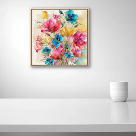 Vibrant watercolor-style abstract floral bouquet in pink, blue, and yellow tones