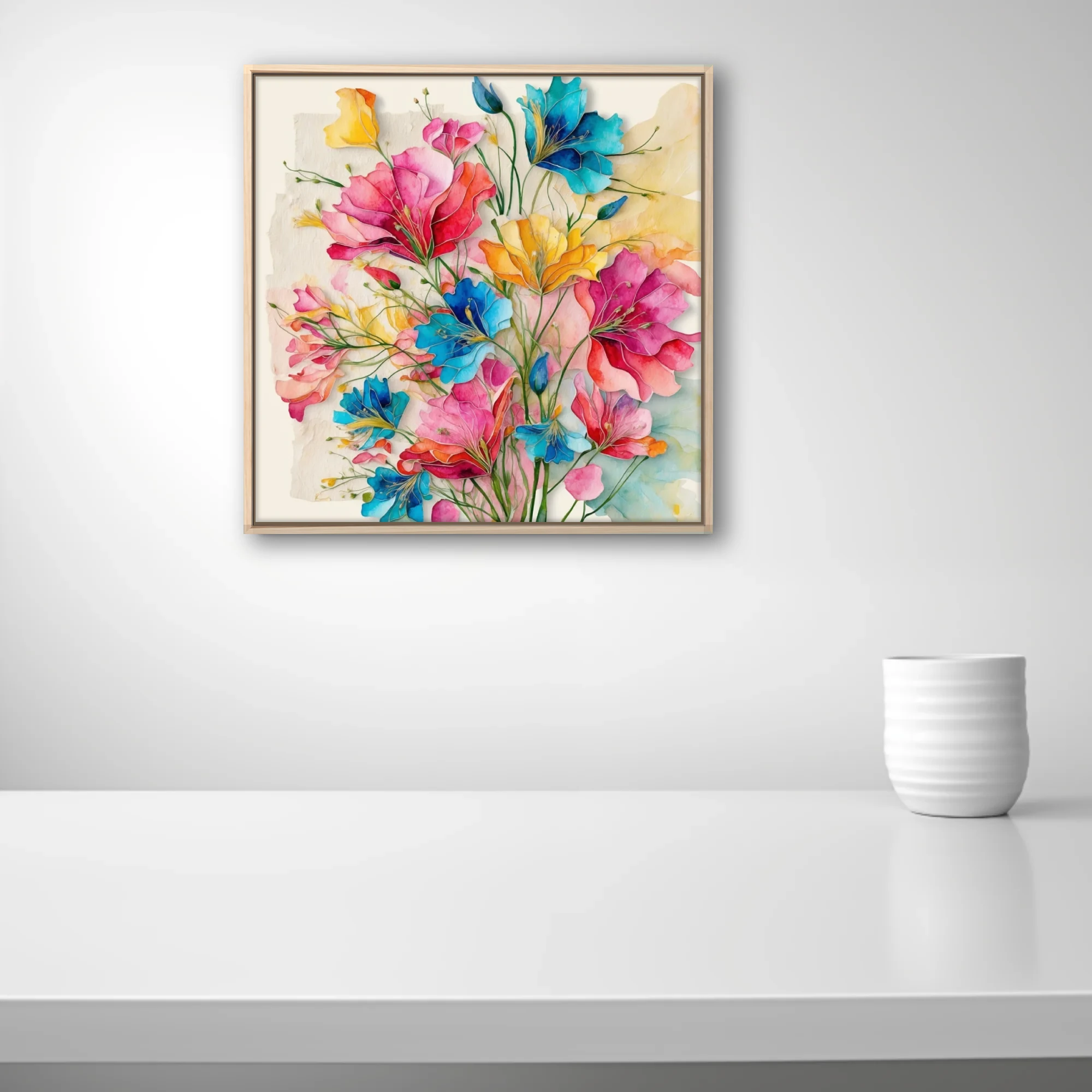 Vibrant watercolor-style abstract floral bouquet in pink, blue, and yellow tones