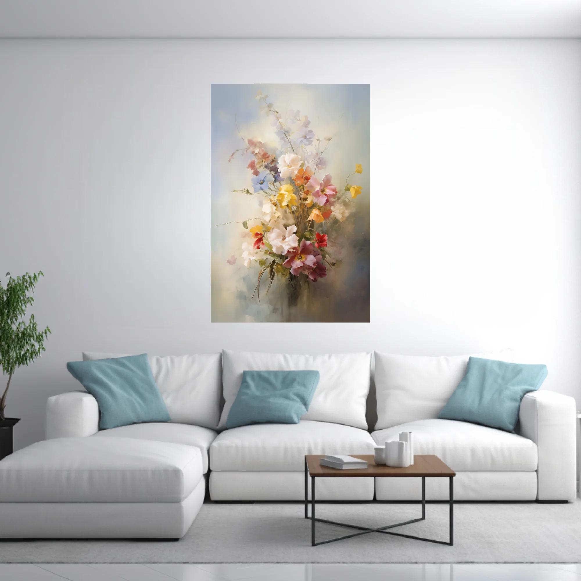 Soft-focus painterly floral bouquet in pastel pinks, yellows and whites with dreamy misty background