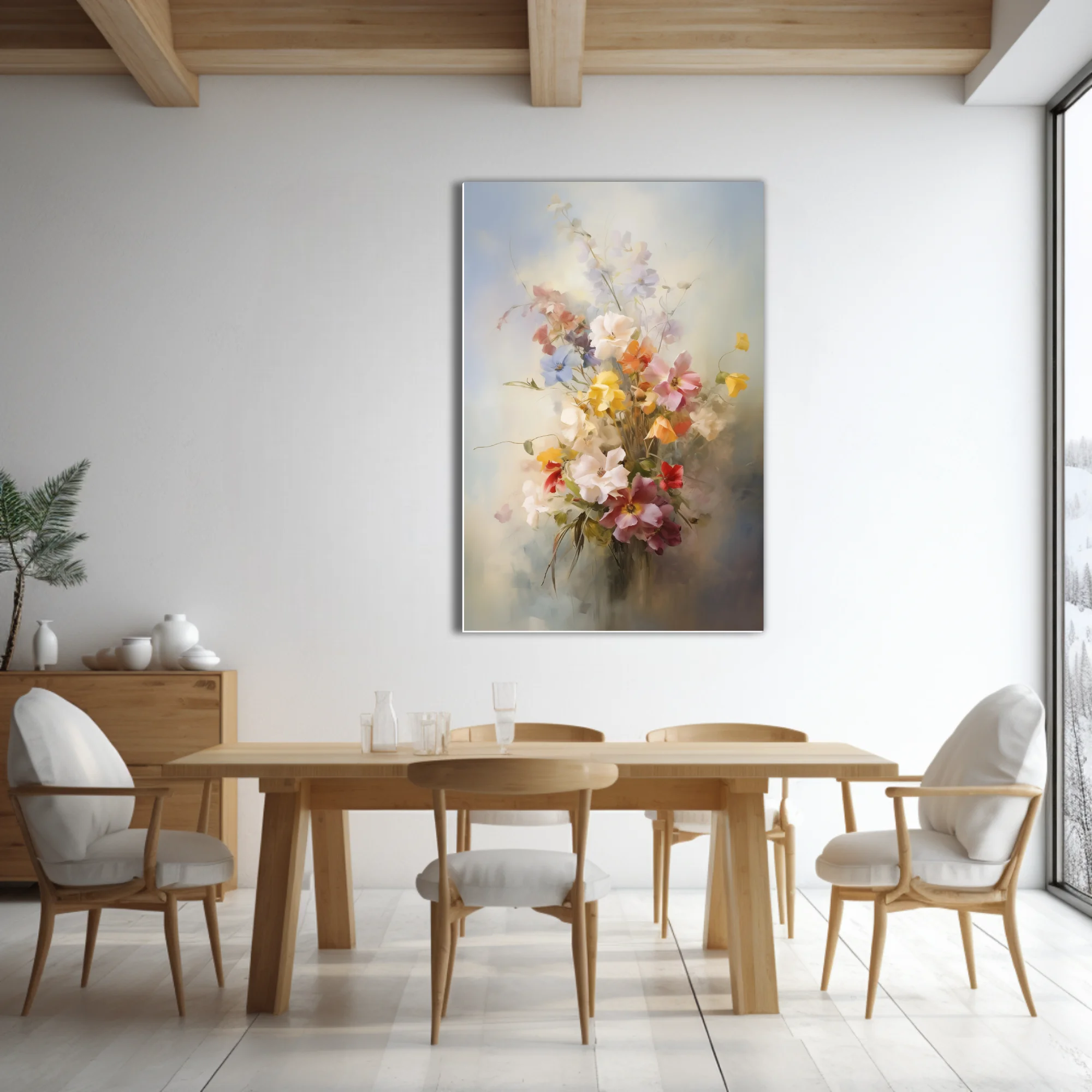 Soft-focus painterly floral bouquet in pastel pinks, yellows and whites with dreamy misty background