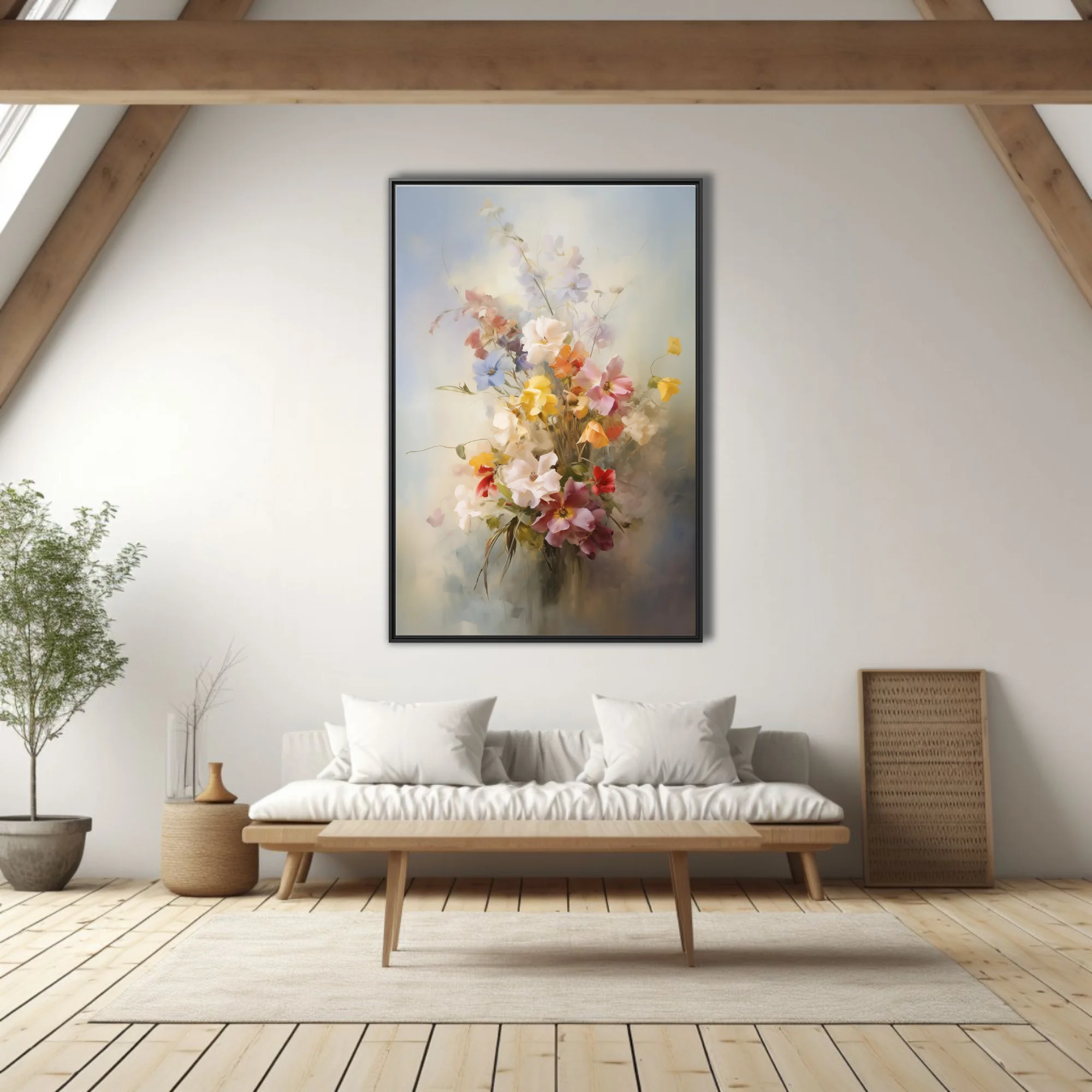 Soft-focus painterly floral bouquet in pastel pinks, yellows and whites with dreamy misty background
