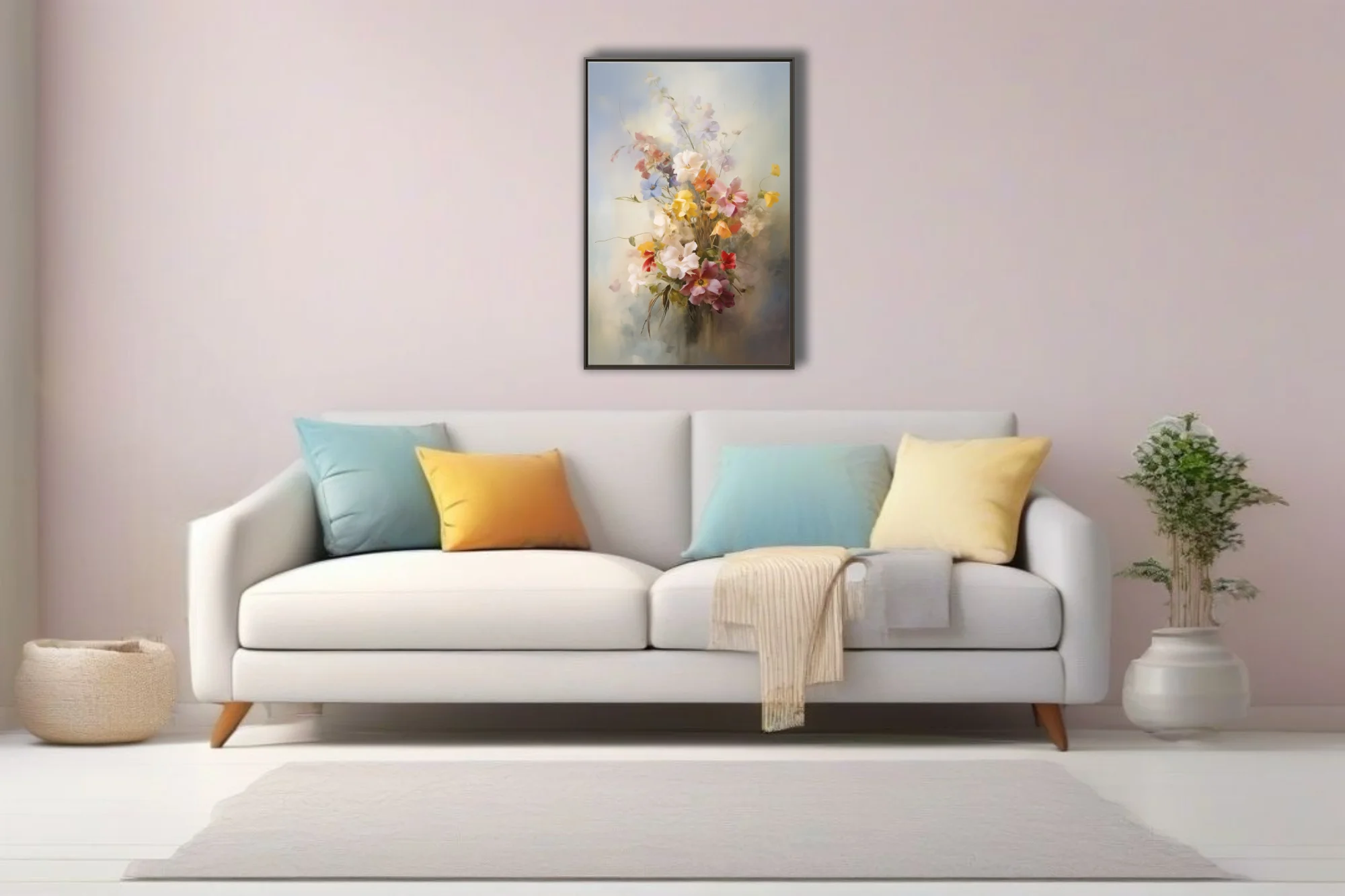 Soft-focus painterly floral bouquet in pastel pinks, yellows and whites with dreamy misty background
