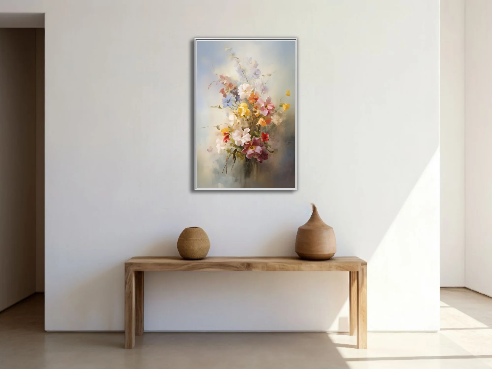 Soft-focus painterly floral bouquet in pastel pinks, yellows and whites with dreamy misty background