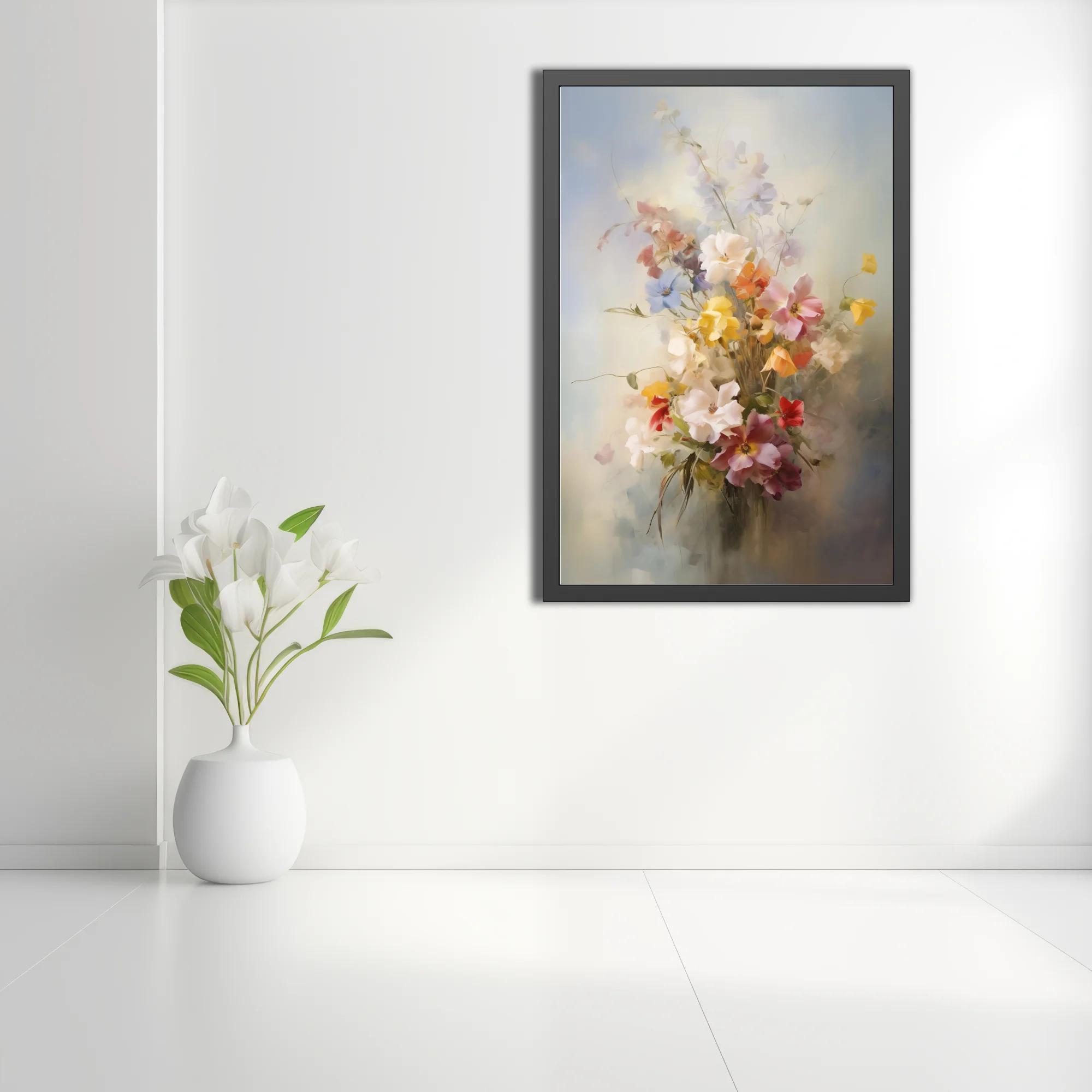 Soft-focus painterly floral bouquet in pastel pinks, yellows and whites with dreamy misty background