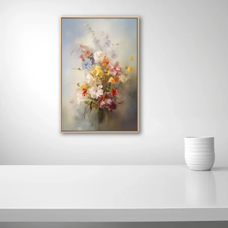 Soft-focus painterly floral bouquet in pastel pinks, yellows and whites with dreamy misty background