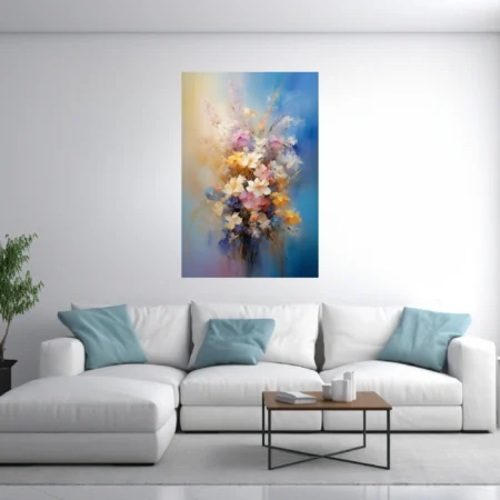 Painterly pastel floral bouquet with against luminous blue and amber background