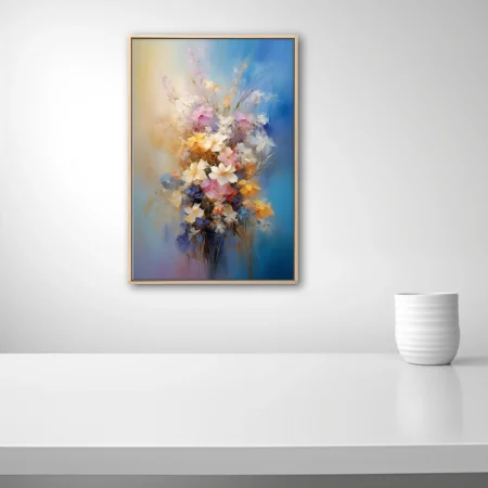 Painterly pastel floral bouquet with against luminous blue and amber background