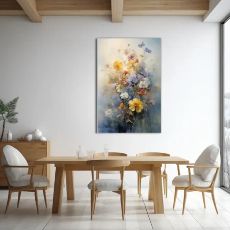 Soft-focus wildflower bouquet in pastel blues, yellows, and creams with dreamy painterly strokes