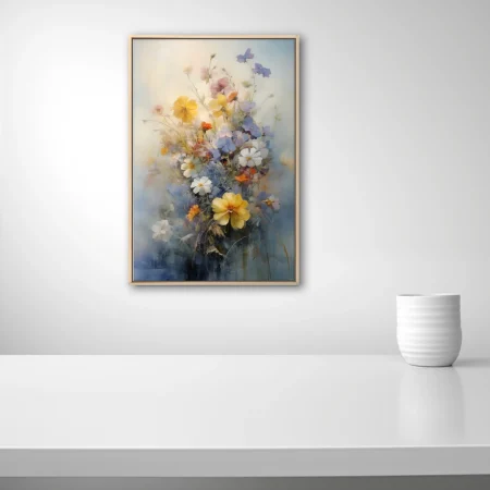 Soft-focus wildflower bouquet in pastel blues, yellows, and creams with dreamy painterly strokes