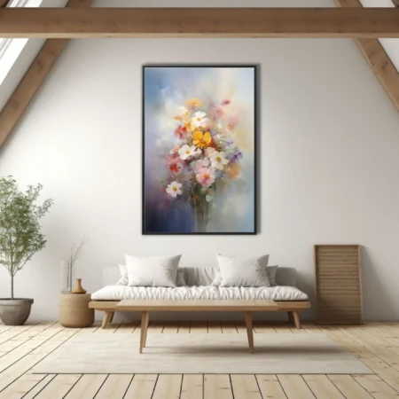 Painterly mixed wildflower bouquet in soft pastel hues with dreamy atmospheric background