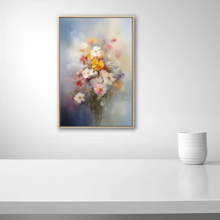 Painterly mixed wildflower bouquet in soft pastel hues with dreamy atmospheric background
