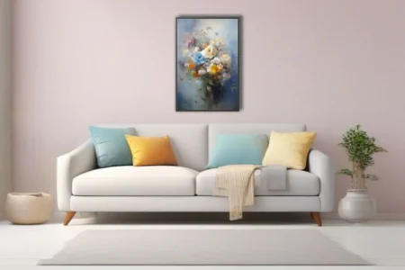 Painterly floral bouquet in soft blue, cream and yellow with