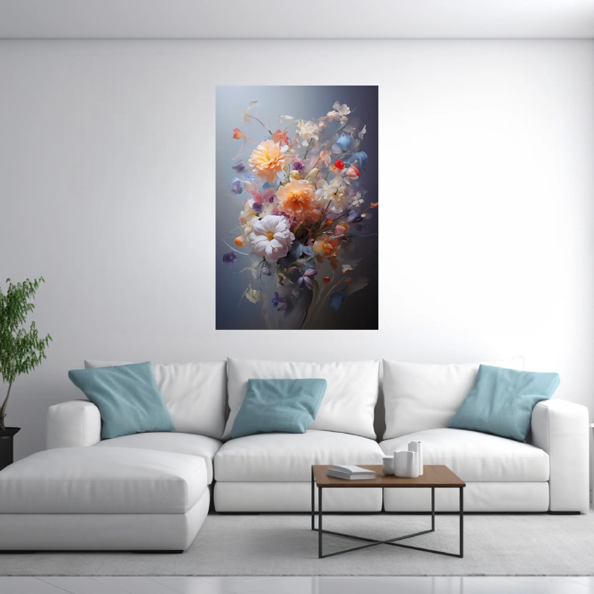 Painterly bouquet of peach, cream, blush, and periwinkle blooms on slate — soft-focus floral wall art