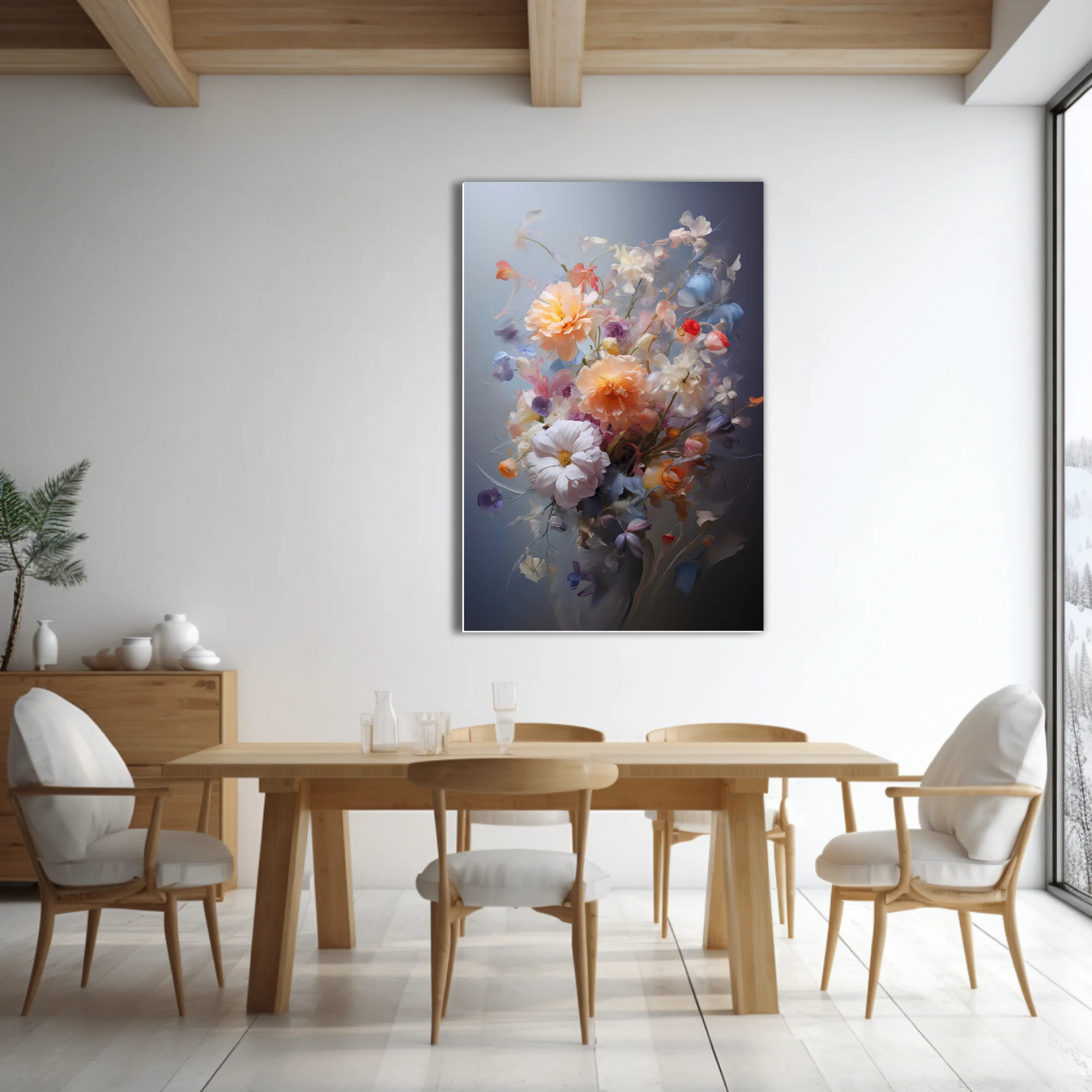 Painterly bouquet of peach, cream, blush, and periwinkle blooms on slate — soft-focus floral wall art