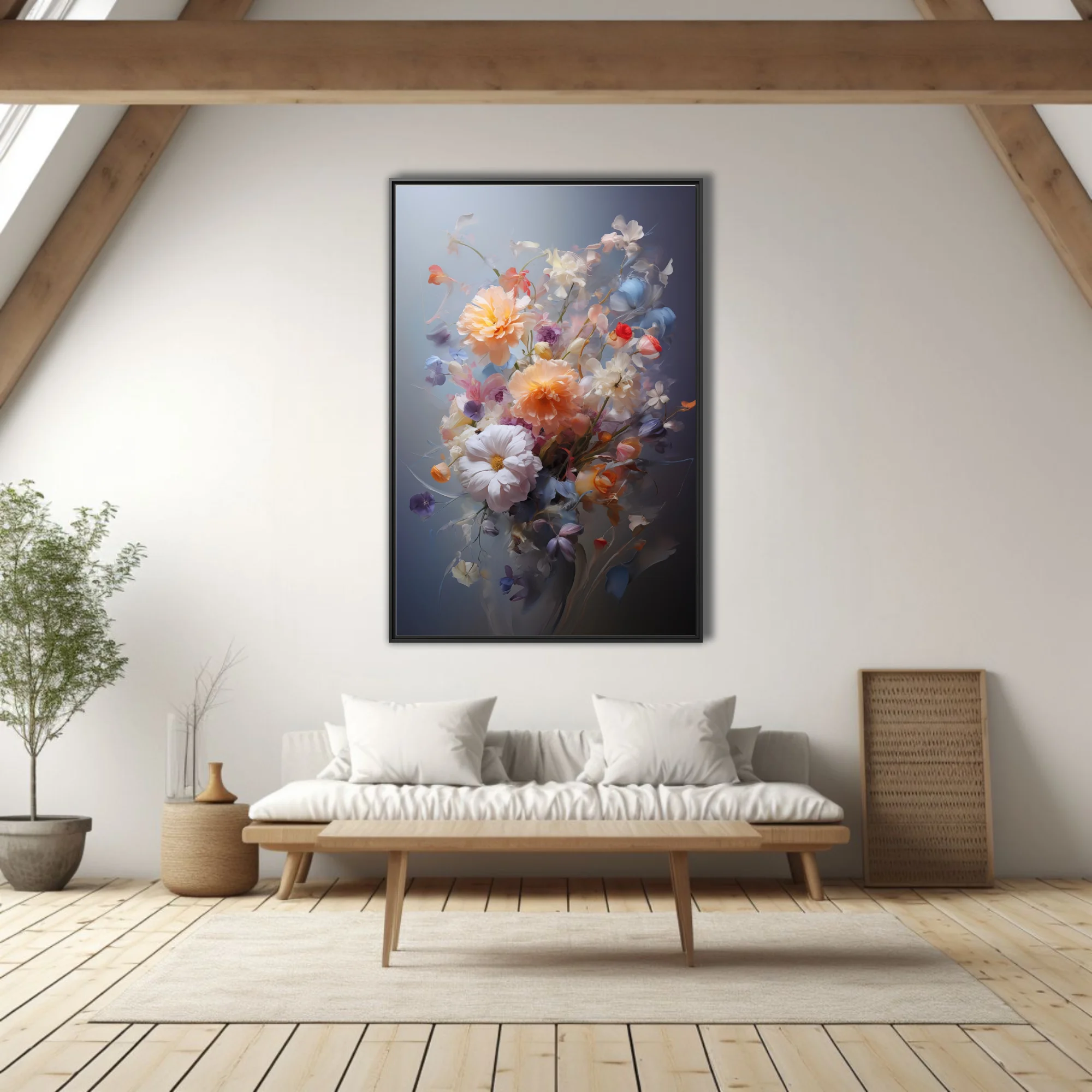 Painterly bouquet of peach, cream, blush, and periwinkle blooms on slate — soft-focus floral wall art