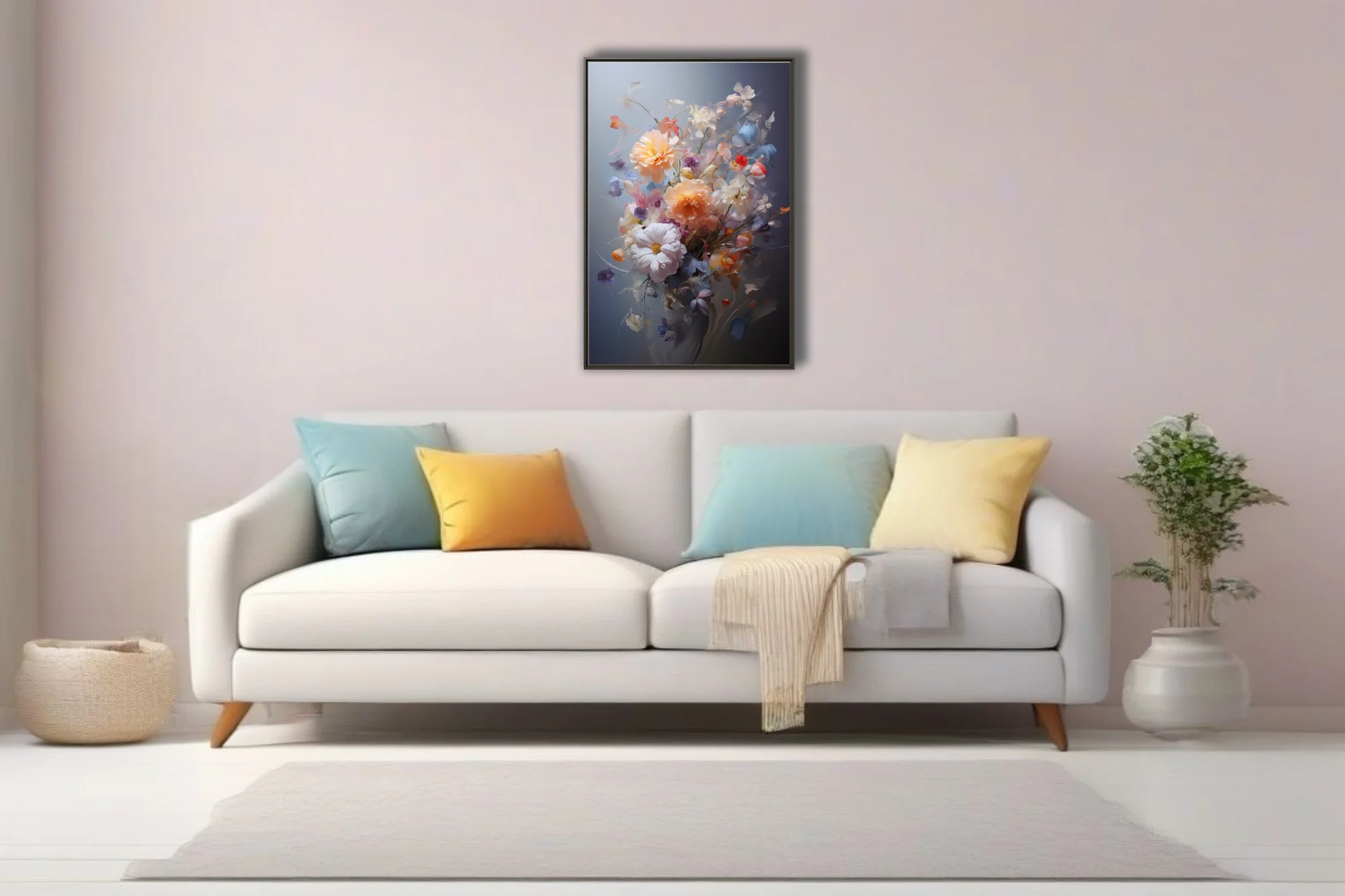 Painterly bouquet of peach, cream, blush, and periwinkle blooms on slate — soft-focus floral wall art