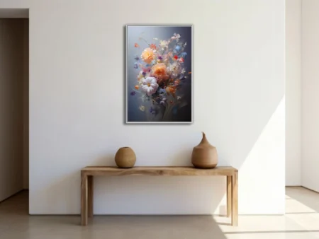Painterly bouquet of peach, cream, blush, and periwinkle blooms on slate — soft-focus floral wall art