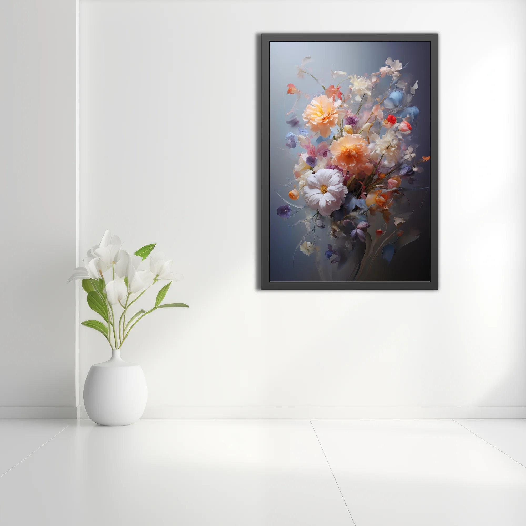 Painterly bouquet of peach, cream, blush, and periwinkle blooms on slate — soft-focus floral wall art