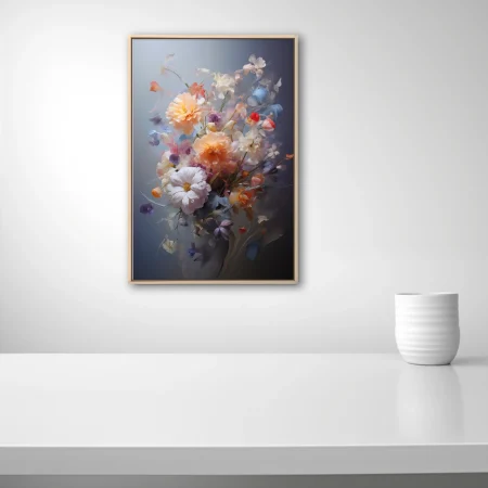 Painterly bouquet of peach, cream, blush, and periwinkle blooms on slate — soft-focus floral wall art