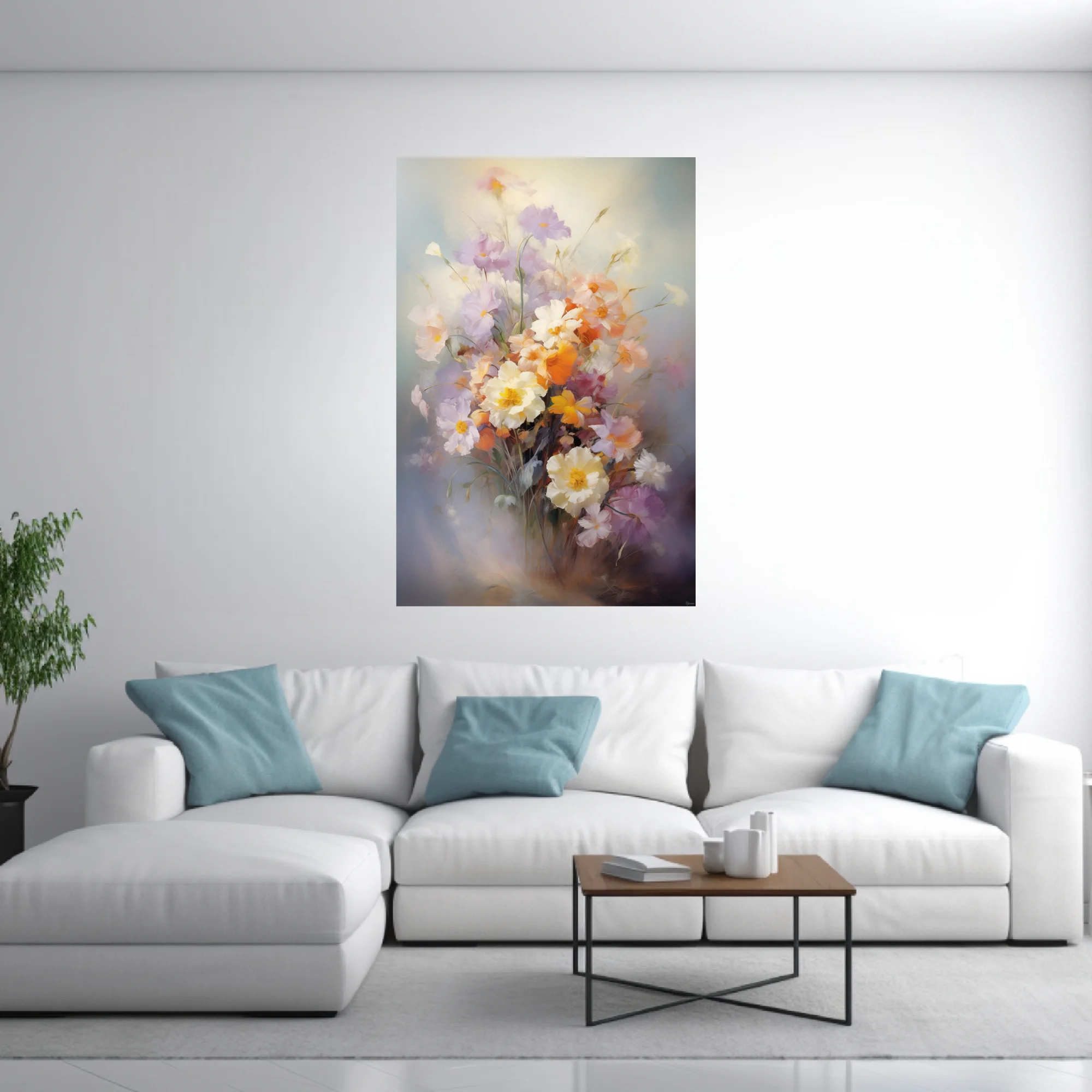 Soft-focus pastel floral bouquet with cream, apricot and lilac blooms