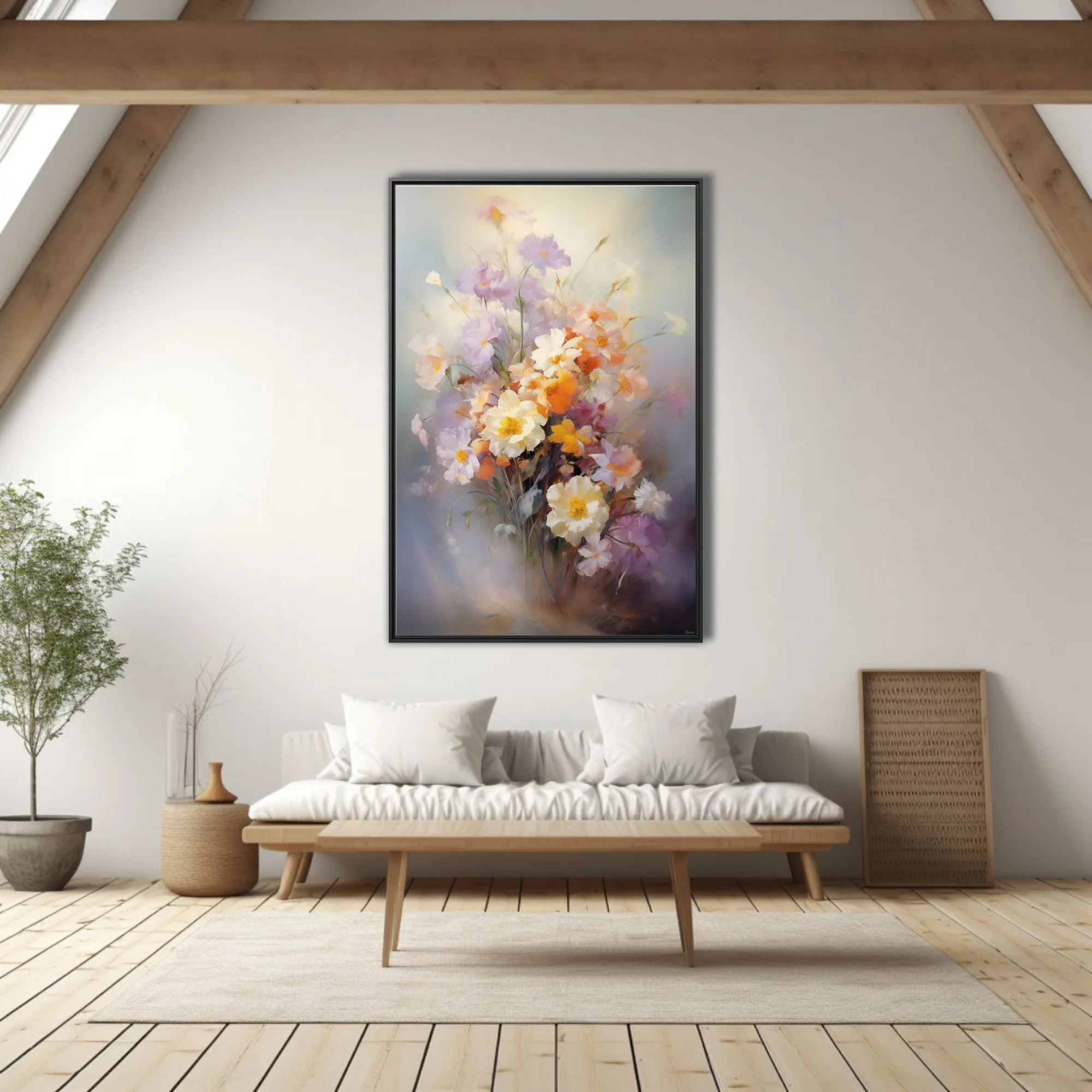 Soft-focus pastel floral bouquet with cream, apricot and lilac blooms