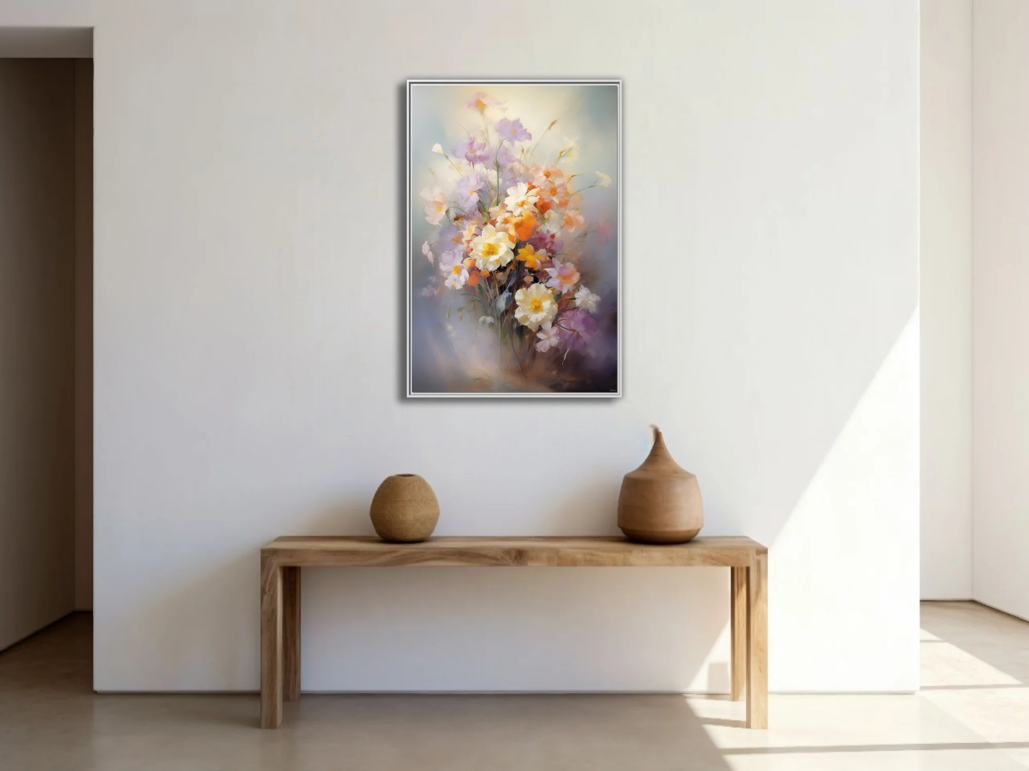 Soft-focus pastel floral bouquet with cream, apricot and lilac blooms