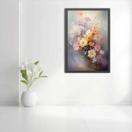Soft-focus pastel floral bouquet with cream, apricot and lilac blooms