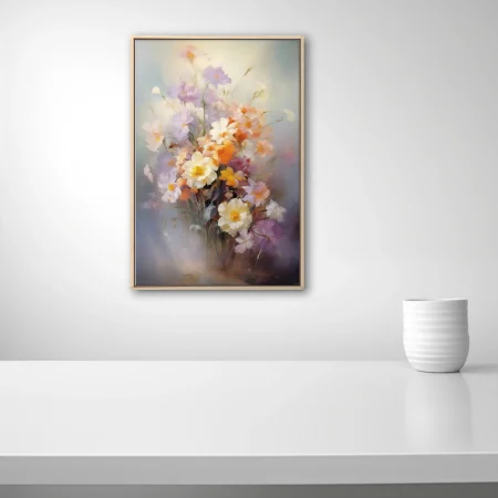 Soft-focus pastel floral bouquet with cream, apricot and lilac blooms