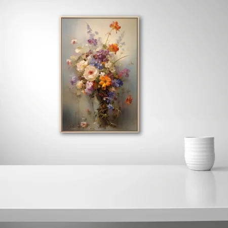 Romantic floral bouquet in soft ivory, violet, blue and orange tones on a hazy neutral ground