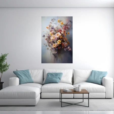 Dreamy soft-focus floral bouquet in blush, yellow, lilac and coral on misty grey, still life