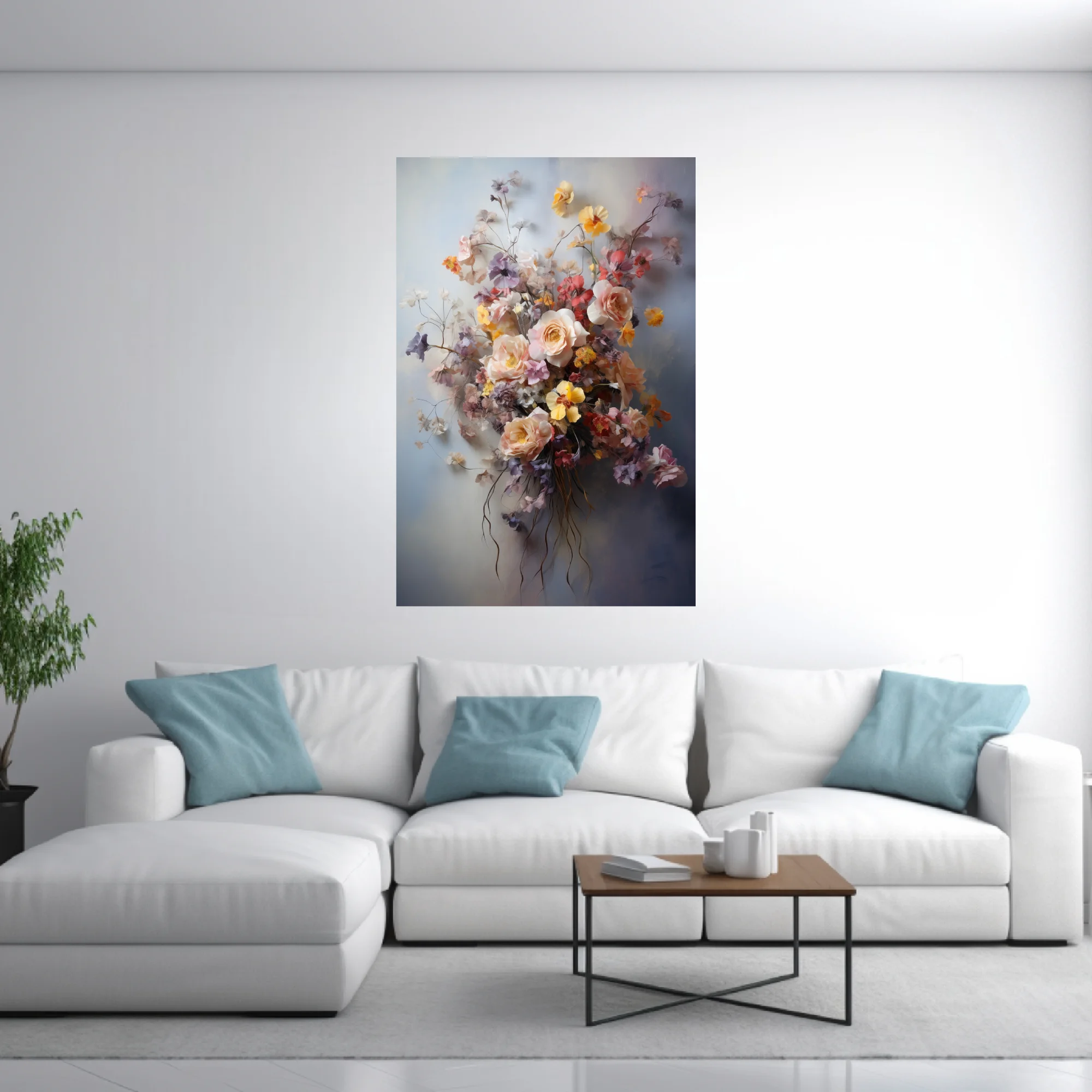 Dreamy soft-focus floral bouquet in blush, yellow, lilac and coral on misty grey, still life