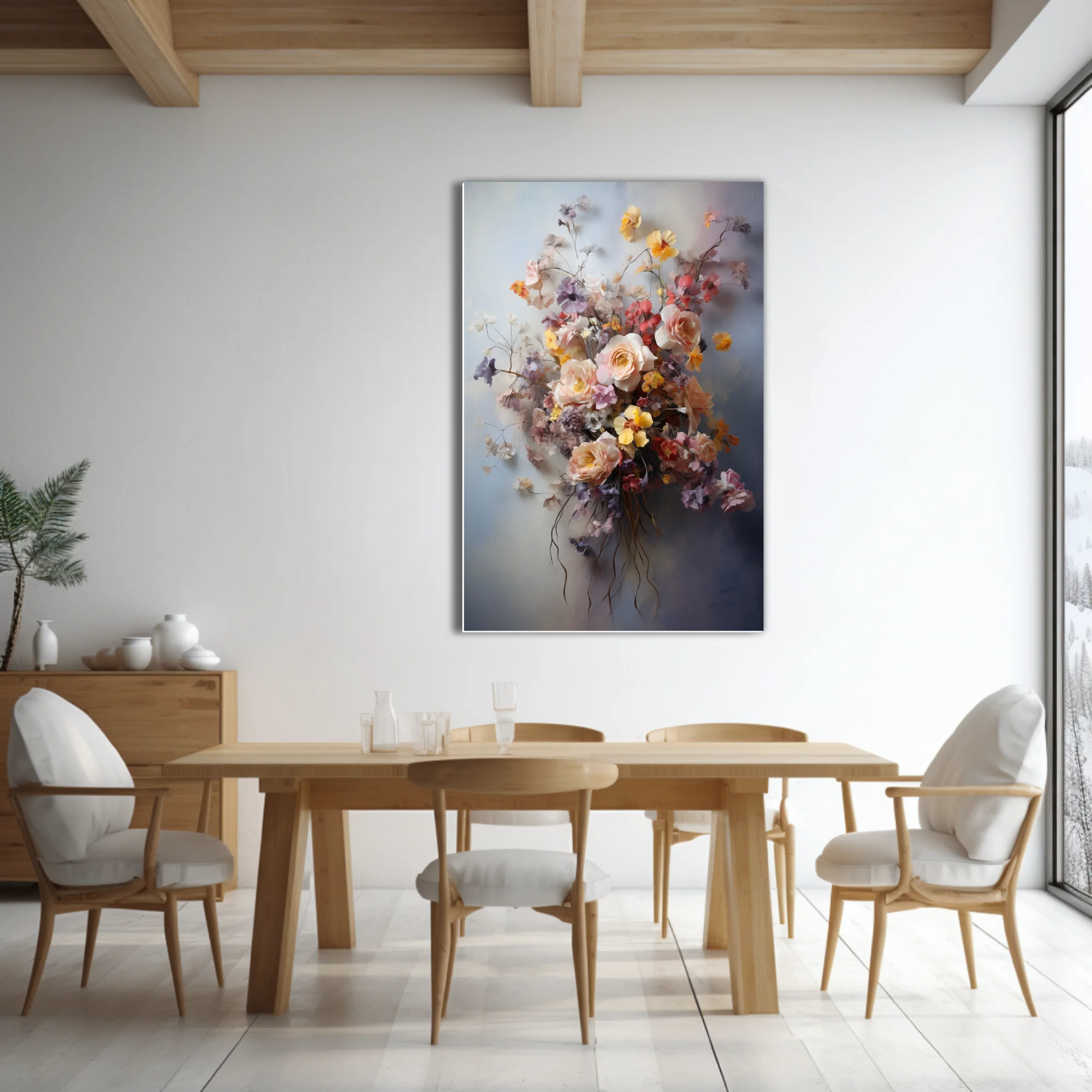 Dreamy soft-focus floral bouquet in blush, yellow, lilac and coral on misty grey, still life