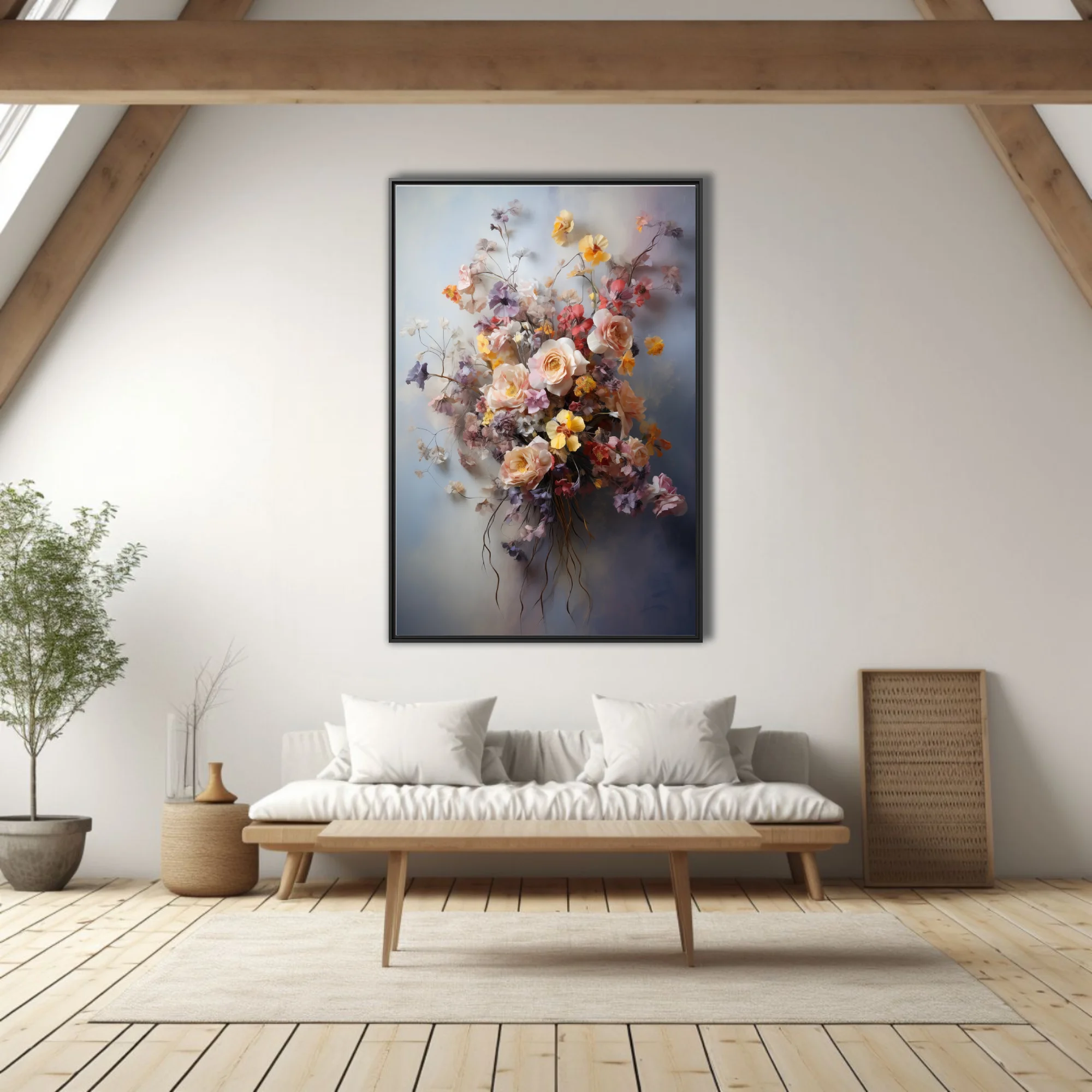 Dreamy soft-focus floral bouquet in blush, yellow, lilac and coral on misty grey, still life