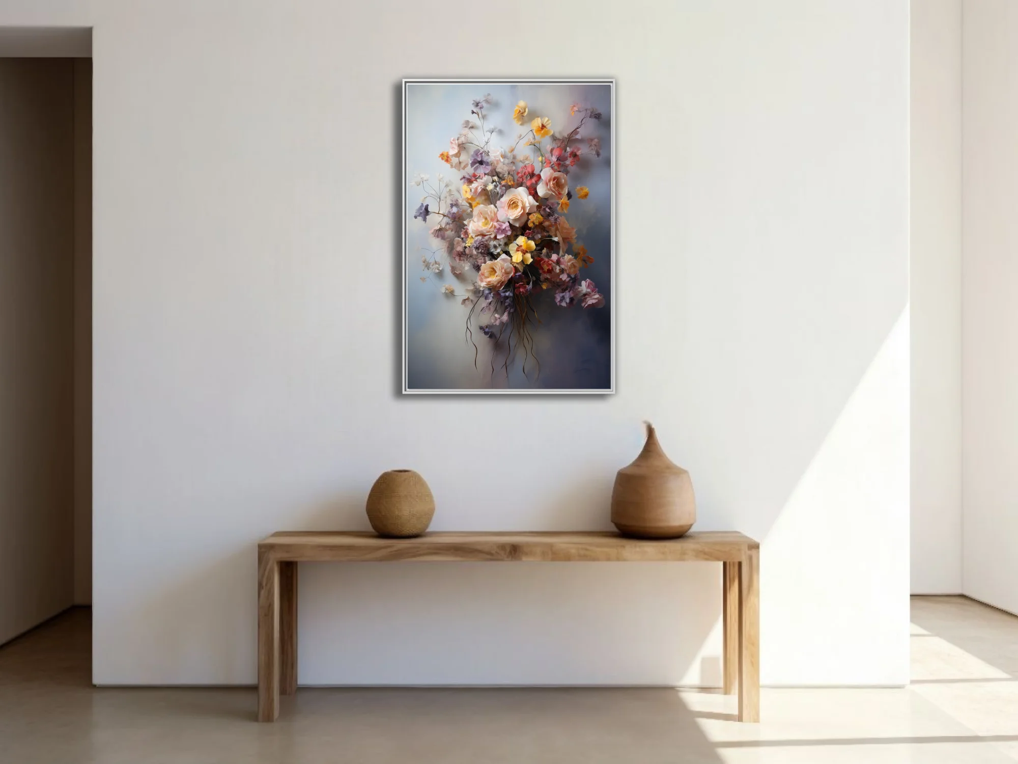 Dreamy soft-focus floral bouquet in blush, yellow, lilac and coral on misty grey, still life