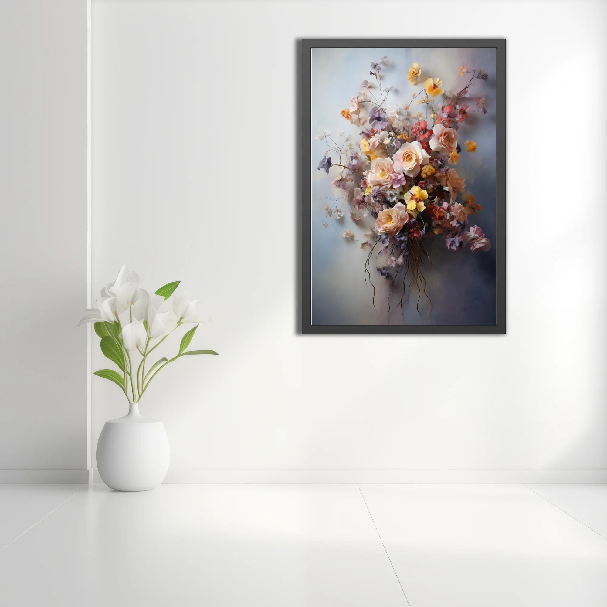 Dreamy soft-focus floral bouquet in blush, yellow, lilac and coral on misty grey, still life