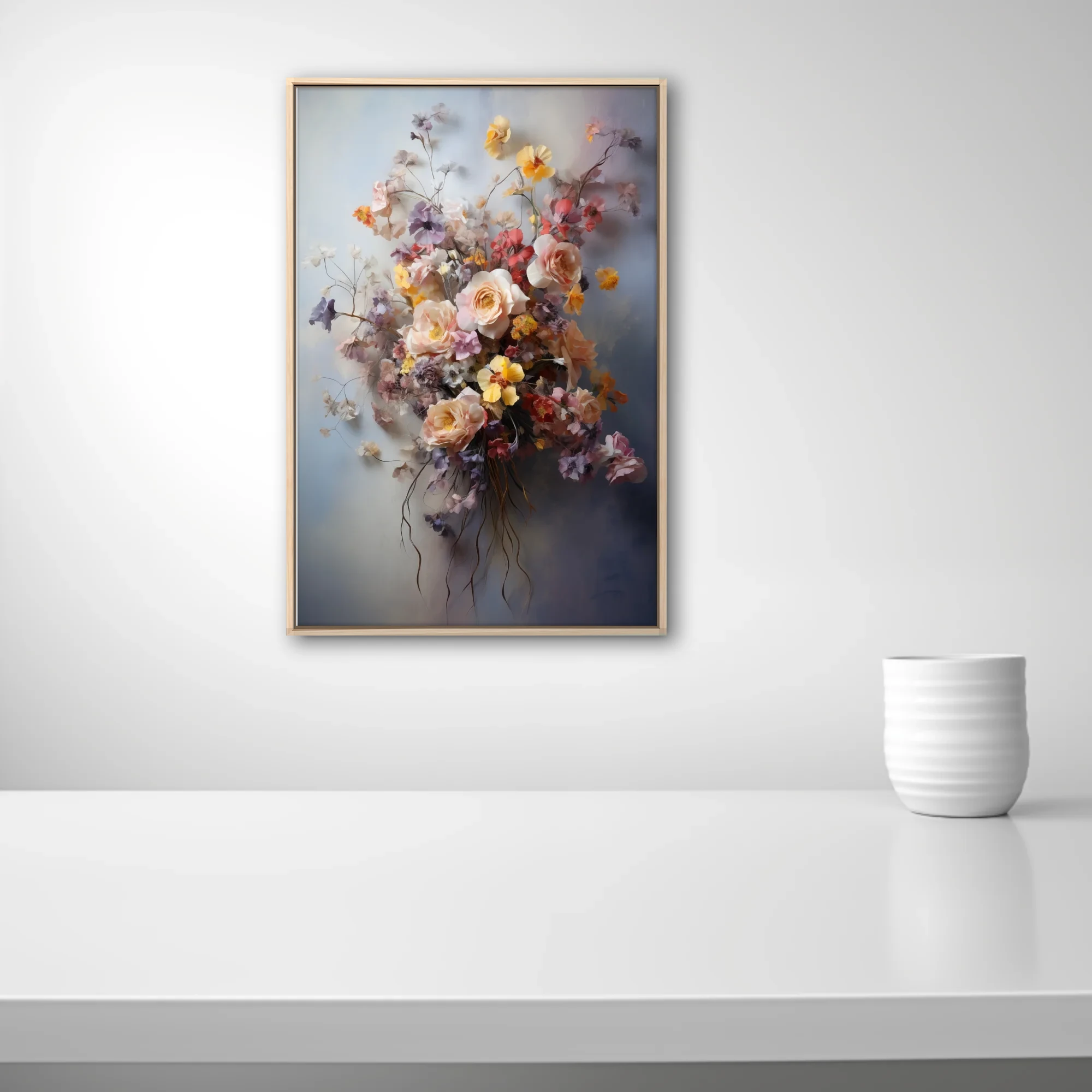 Dreamy soft-focus floral bouquet in blush, yellow, lilac and coral on misty grey, still life